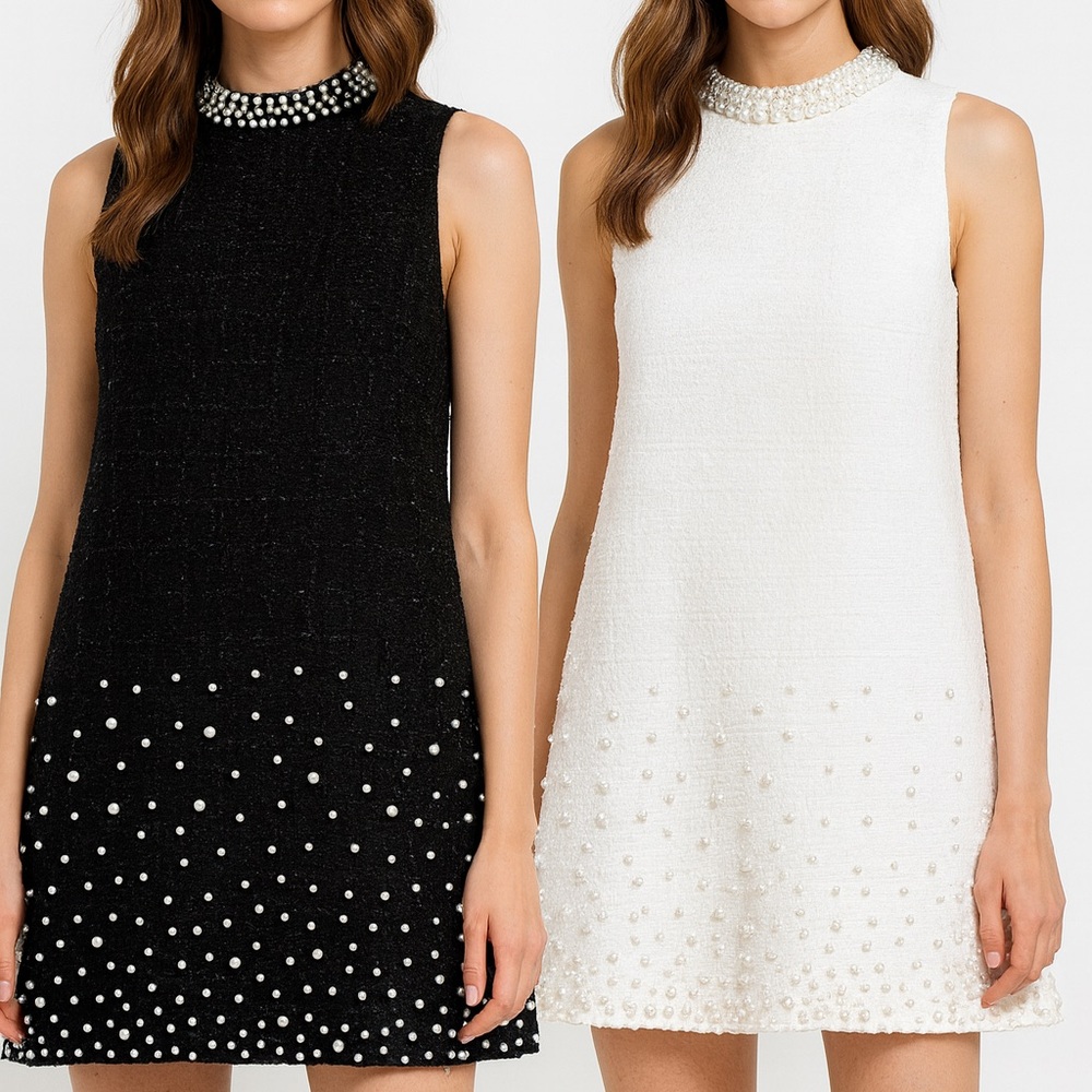 Tweed Pearl Embellished Shift Dress Small - Picture 2 of 16
